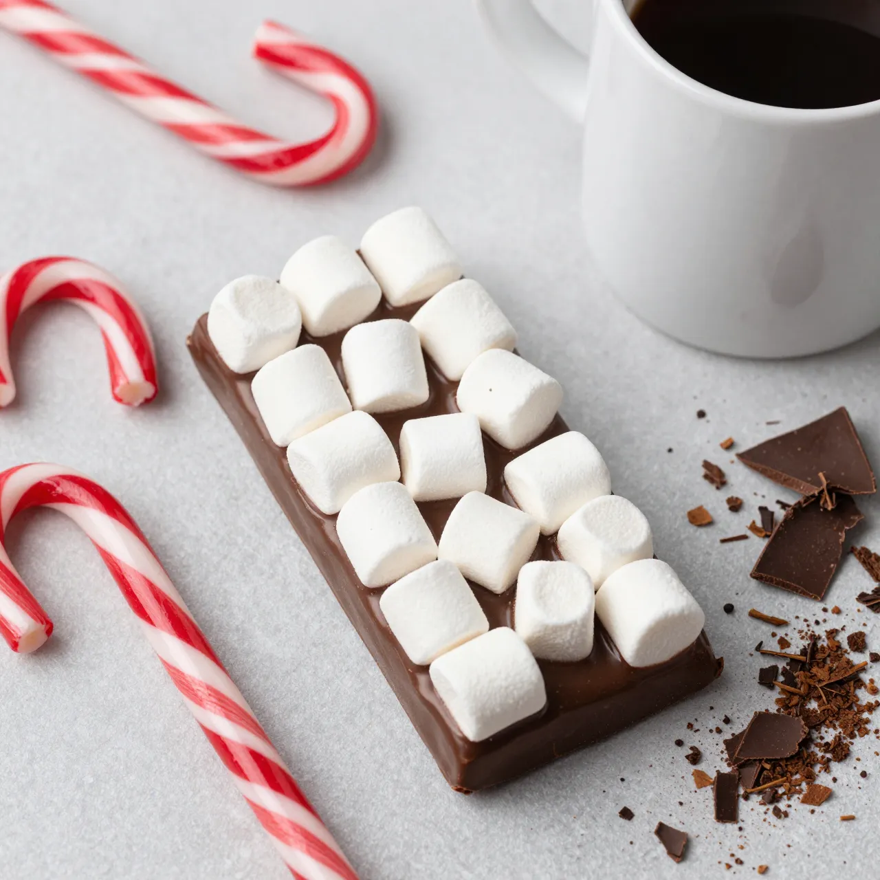 Top down view of a holiday cocoa arrangement with marshmallows, candy canes and a white mug.