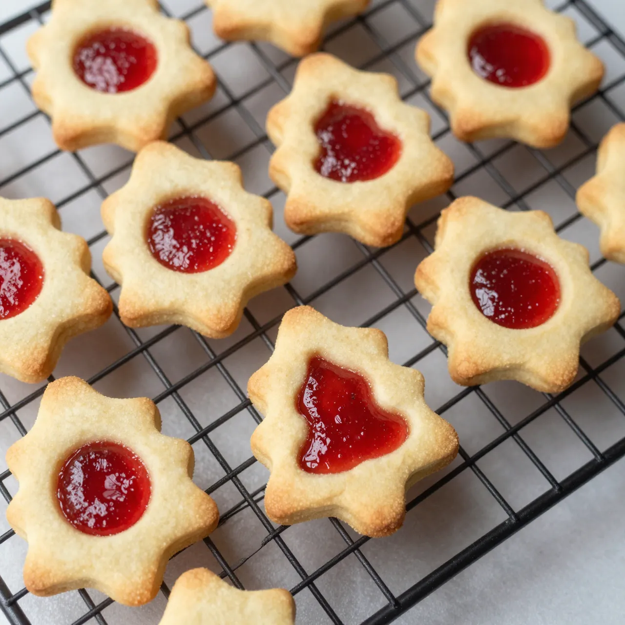 Top-down view of star shaped jam filled Christmas cookies cooling on a wire rack