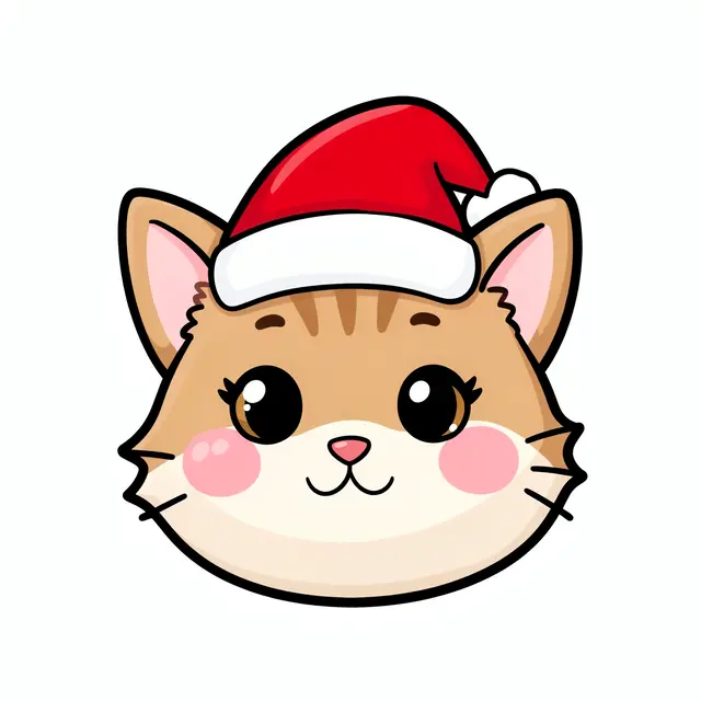Cute cartoon kitten face wearing a Santa hat with pink cheeks on a plain white background