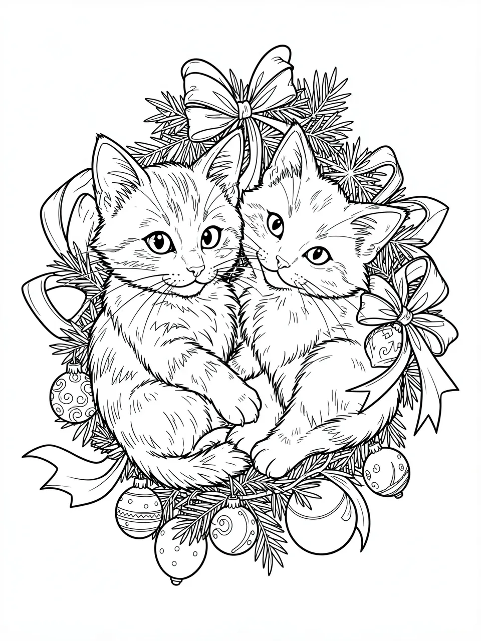Black and white line art of two cute kittens nestled among a festive garland of pine, ribbons, and holiday ornaments.
