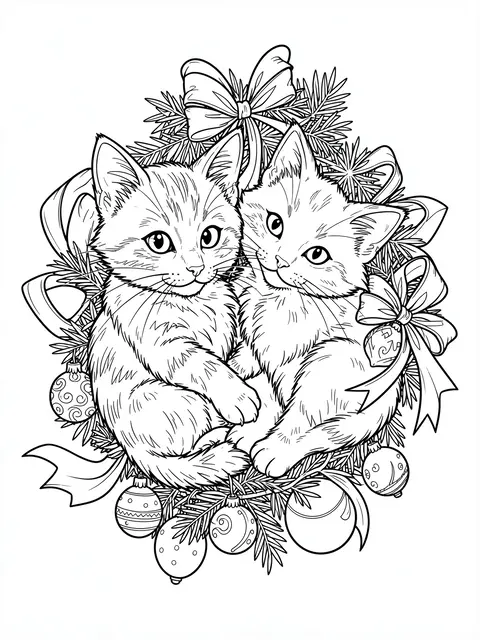 Black and white line art of two cute kittens nestled among a festive garland of pine, ribbons, and holiday ornaments.