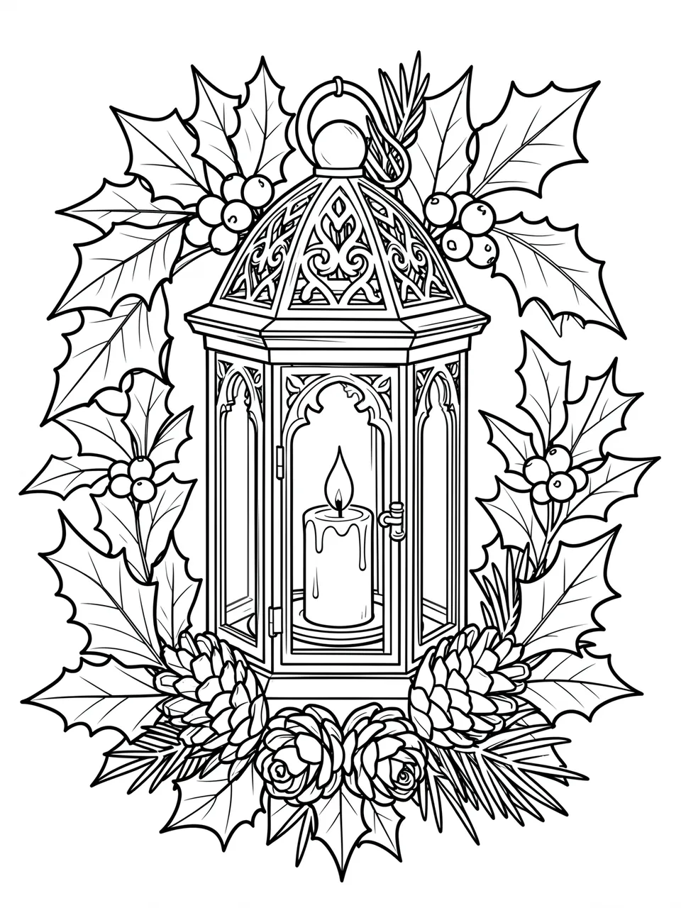 Intricate black and white line art of a candle lantern framed by holly, pinecones, and evergreen details on a plain white