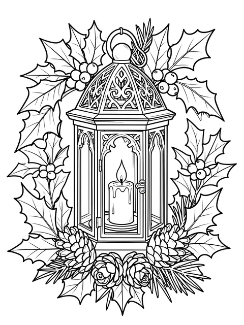 Intricate black and white line art of a candle lantern framed by holly, pinecones, and evergreen details on a plain white