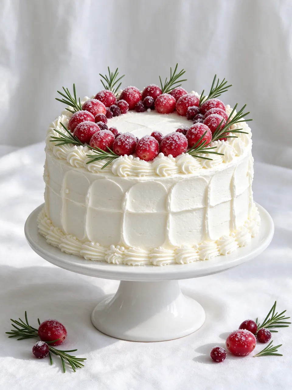 White frosted Christmas cake topped with sugared cranberries and rosemary sits on a white cake stand against soft linen.