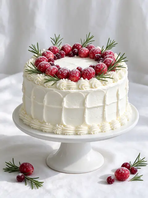 White frosted Christmas cake topped with sugared cranberries and rosemary sits on a white cake stand against soft linen.