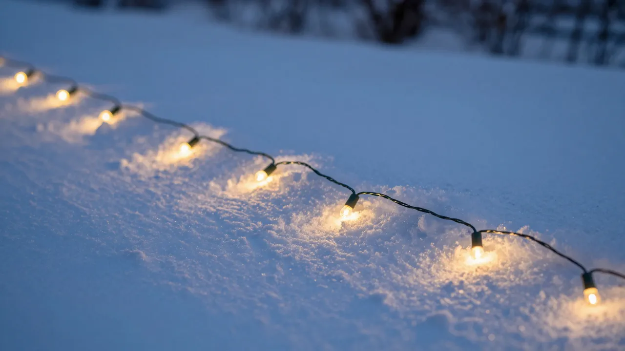 Warm glowing string lights rest on fresh blue-toned snow at twilight, with soft out-of-focus background foliage.