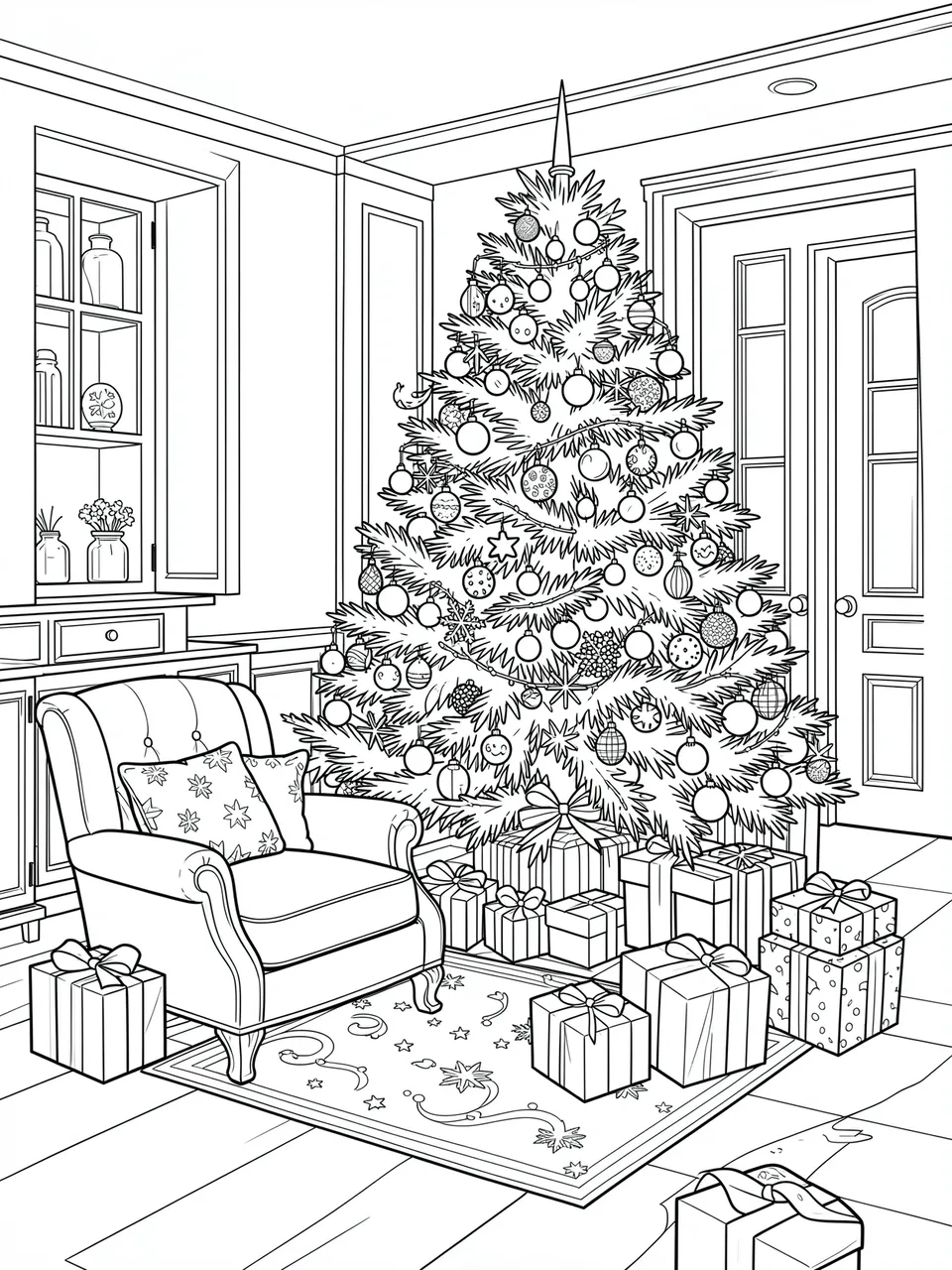 Black and white line art of a festive living room with a decorated Christmas tree, armchair, and wrapped presents.