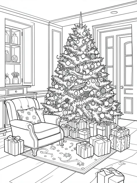 Black and white line art of a festive living room with a decorated Christmas tree, armchair, and wrapped presents.