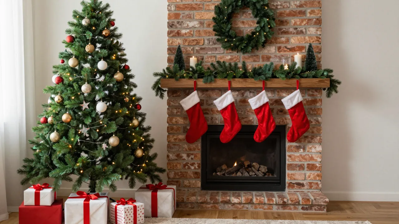 Lit decorated Christmas tree beside brick fireplace with stockings, gifts and warm evening lighting