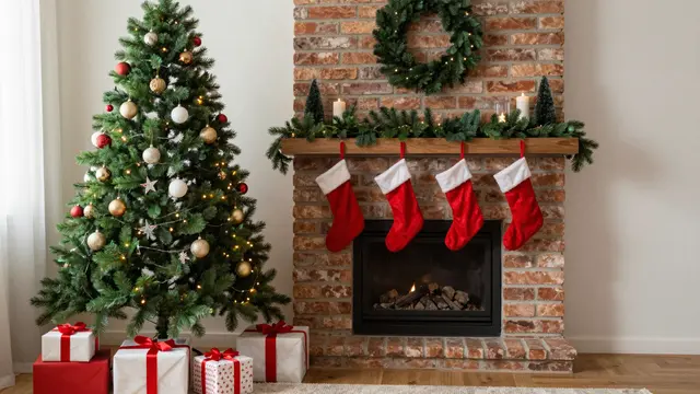Lit decorated Christmas tree beside brick fireplace with stockings, gifts and warm evening lighting