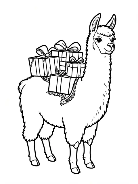Black and white line art of a llama carrying stacked gift boxes on its back on a plain white background