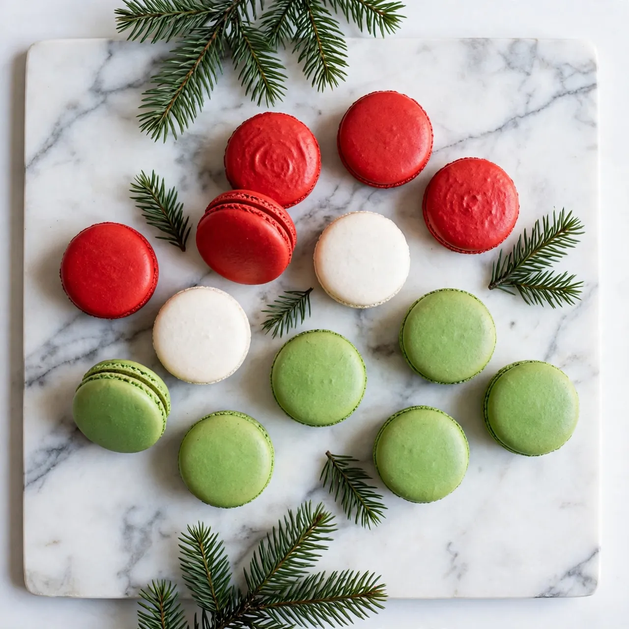 Overhead view of red, green and white Christmas macarons arranged on a marble board with fir sprigs.