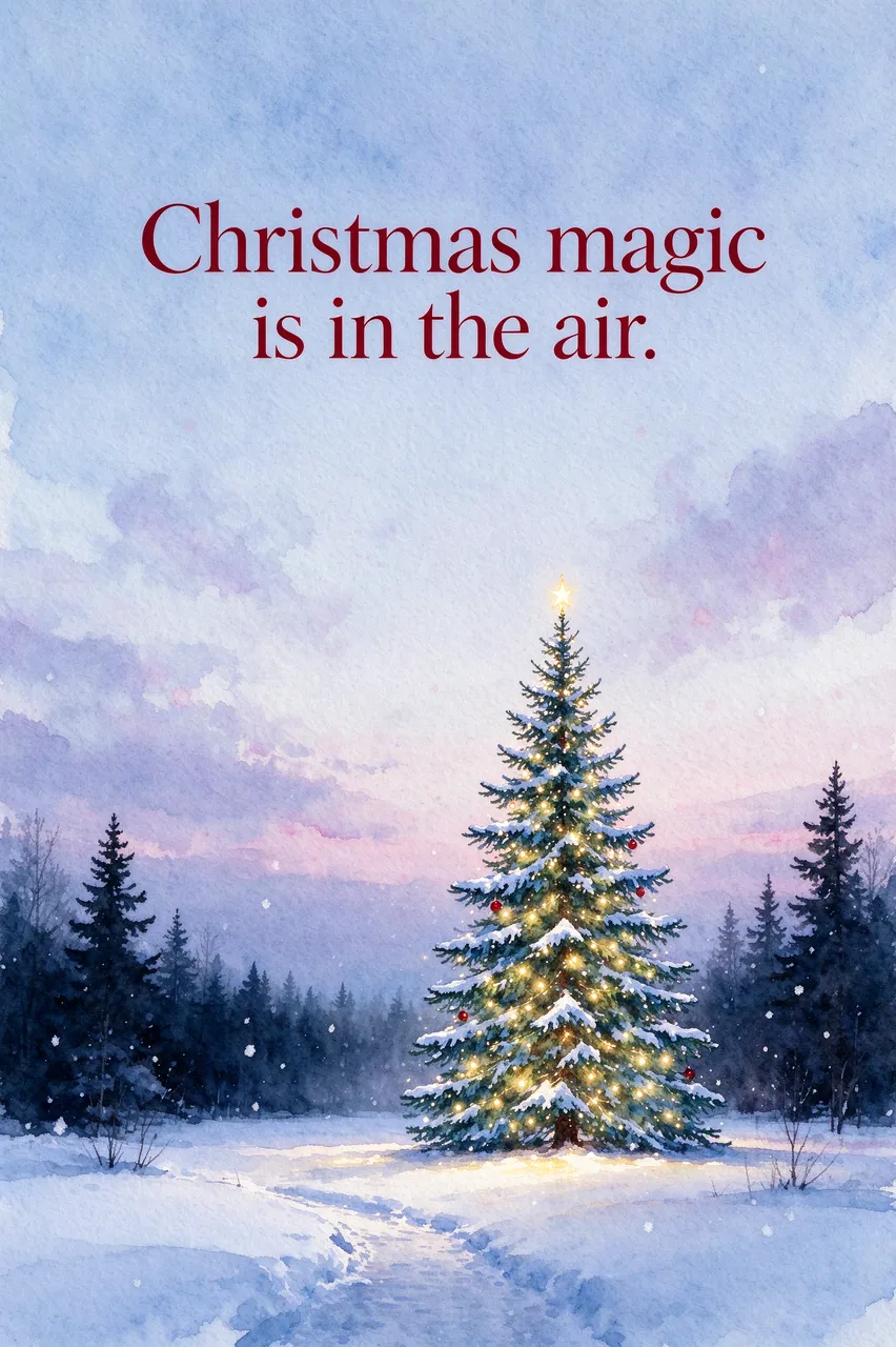 Watercolor of a glowing snowy Christmas tree at dusk with the text "Christmas magic is in the air." in the pale sky