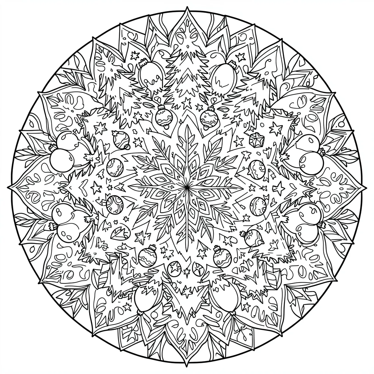 Black and white line art circular mandala decorated with Christmas trees, stars and ornaments on a plain white background