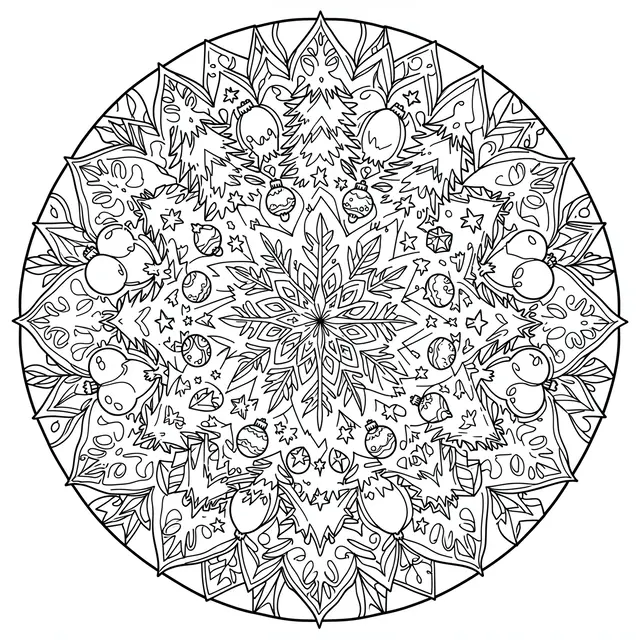 Black and white line art circular mandala decorated with Christmas trees, stars and ornaments on a plain white background