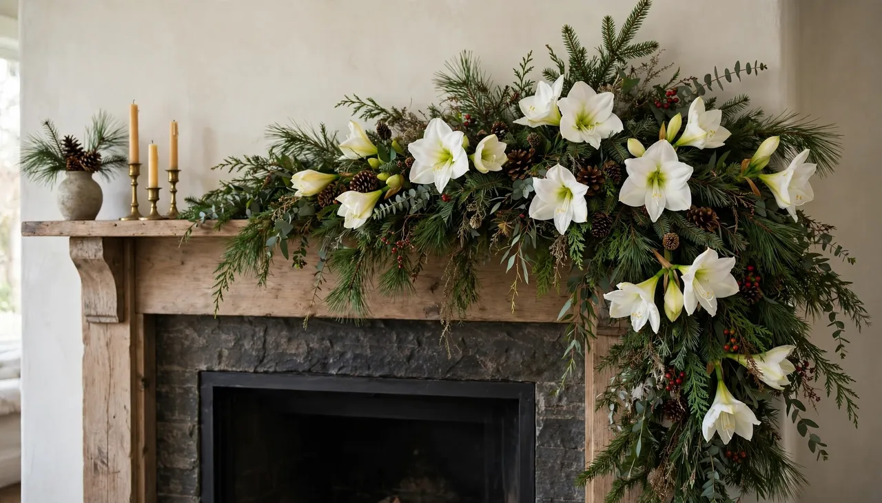 Rustic wooden fireplace mantel holds an asymmetrical evergreen garland with white amaryllis, brass candles and a small pine