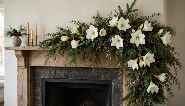 Rustic wooden fireplace mantel holds an asymmetrical evergreen garland with white amaryllis, brass candles and a small pine
