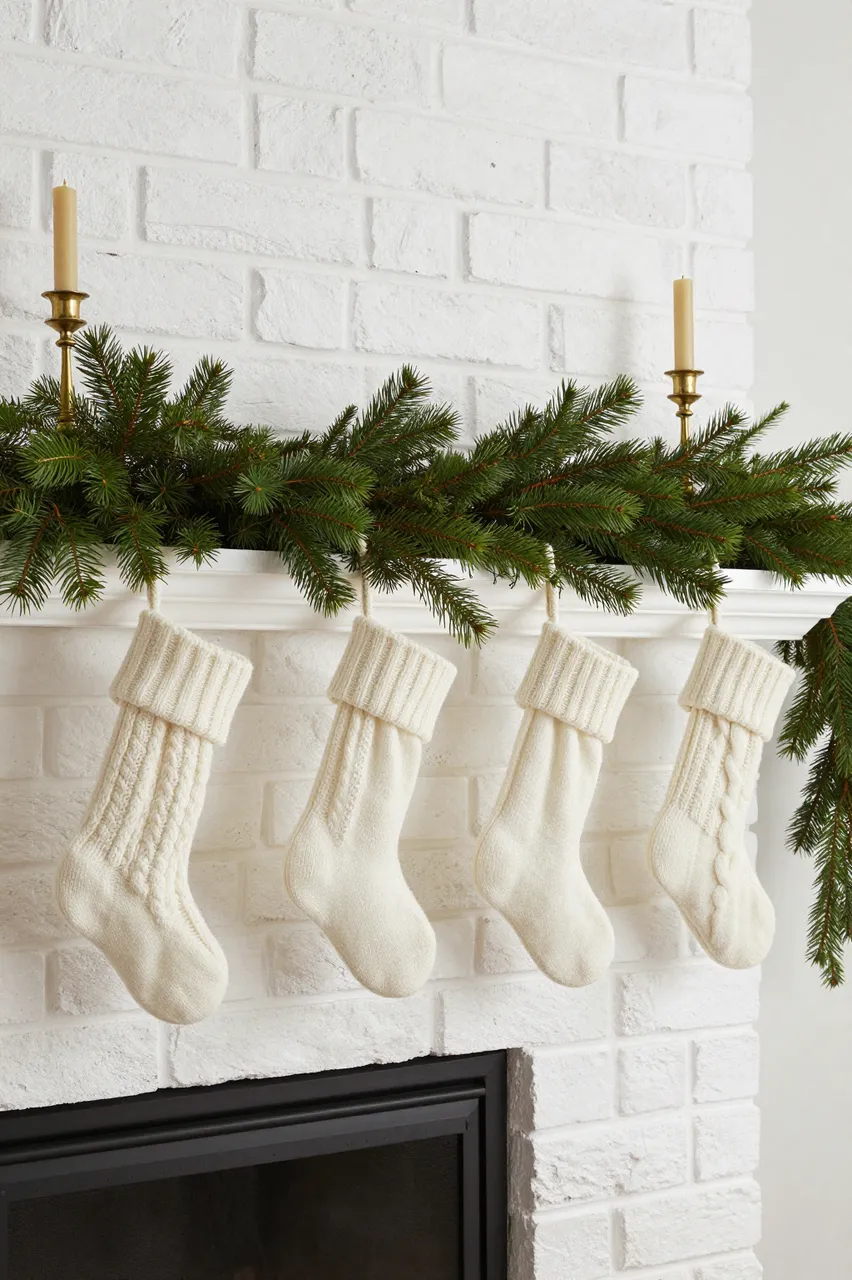 Cream knit Christmas stockings hang from a whitewashed brick fireplace mantel with cedar garland and brass candlesticks.
