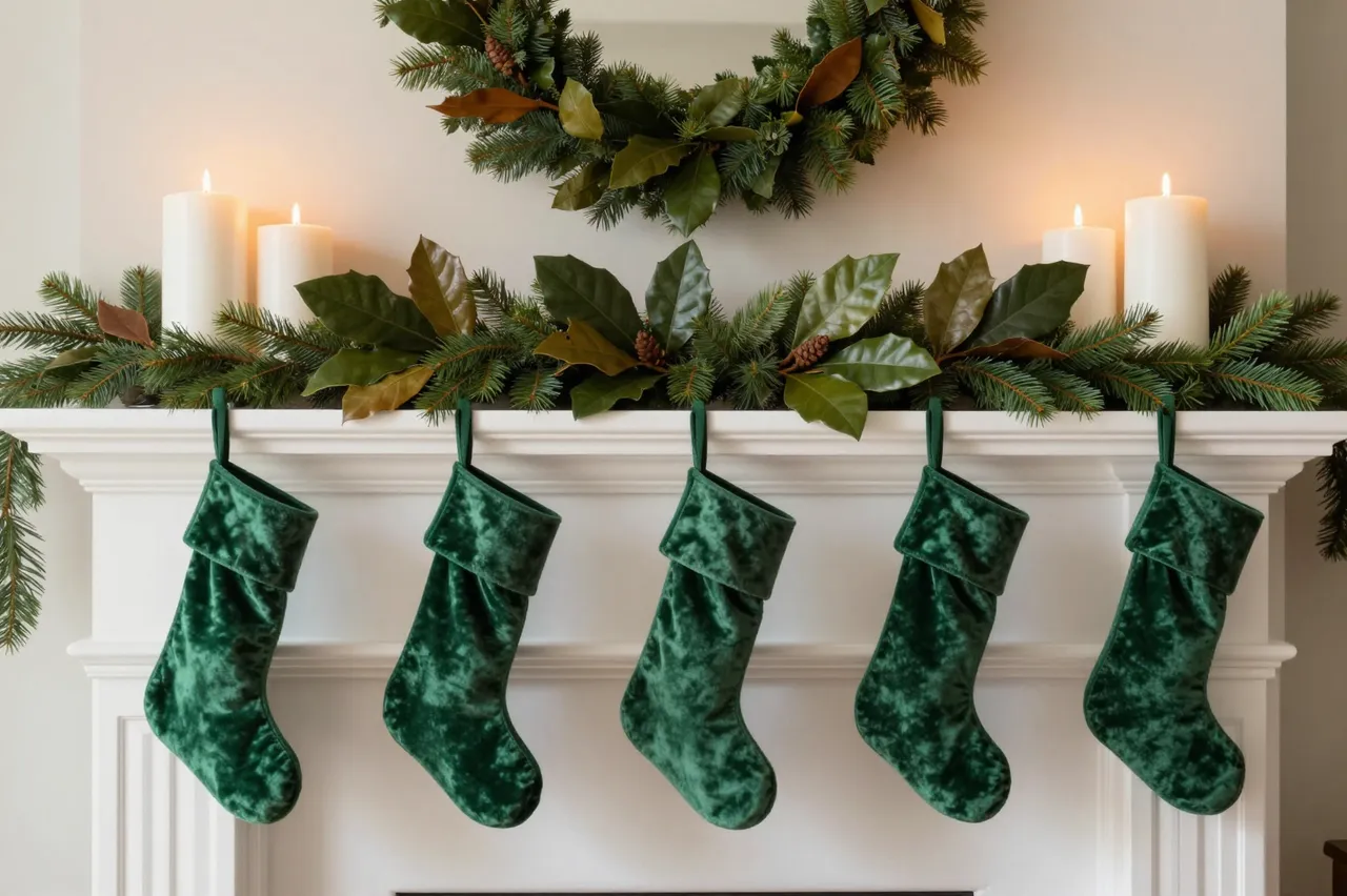 White fireplace mantel decorated with magnolia pine garland, lit white candles, and hung forest green velvet Christmas