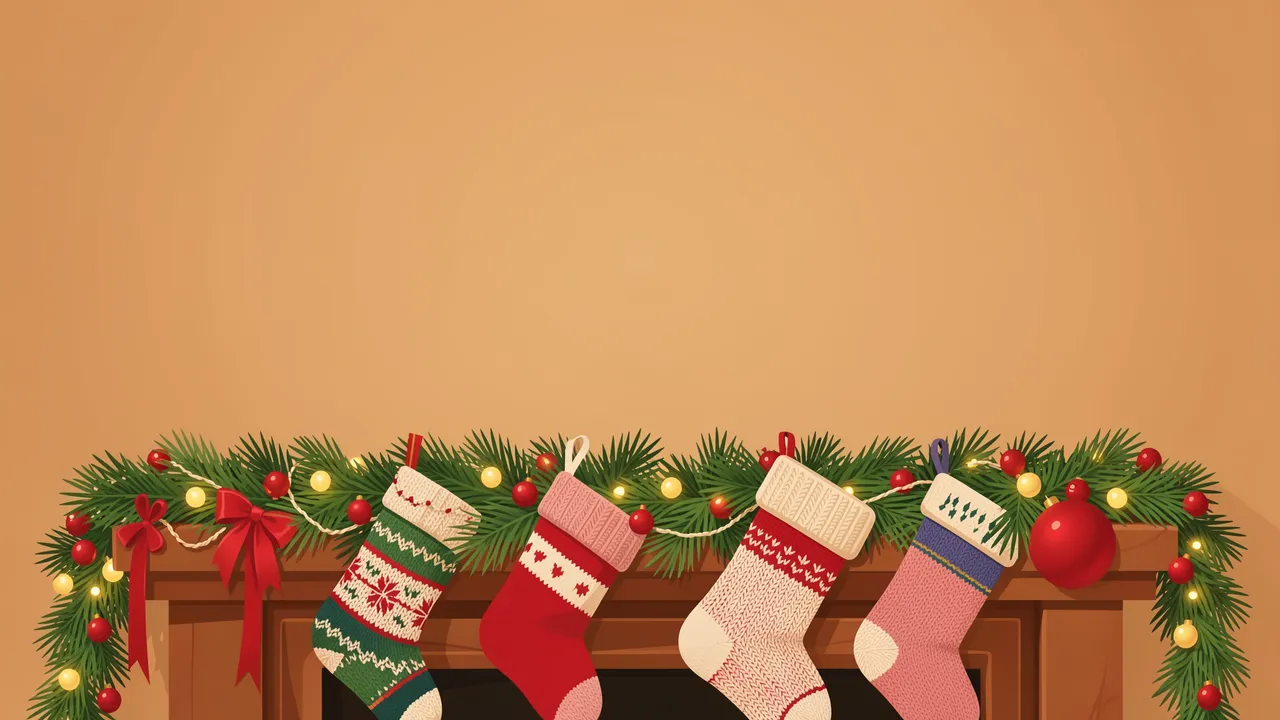 A decorated wooden fireplace mantel with knit Christmas stockings and empty warm peach wall space above.