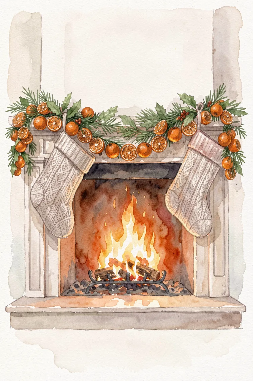 Watercolor illustration of a lit Christmas fireplace mantel decorated with knit stockings and dried orange garland