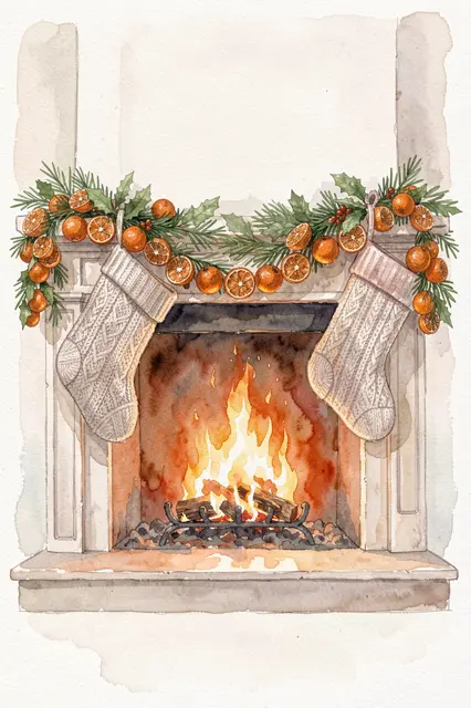 Watercolor illustration of a lit Christmas fireplace mantel decorated with knit stockings and dried orange garland