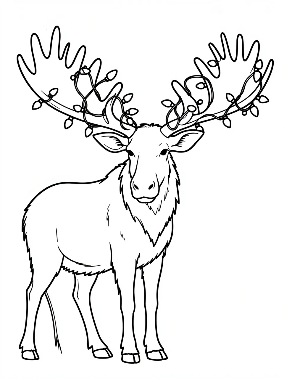 Bold black line art of a moose with tangled Christmas lights in its antlers on a plain white background