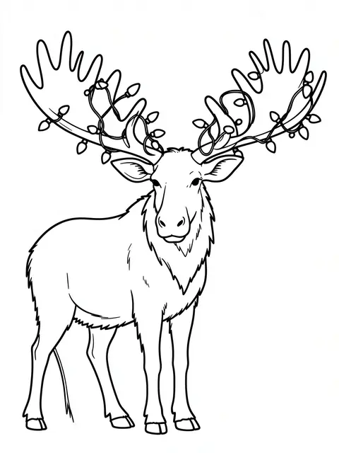 Bold black line art of a moose with tangled Christmas lights in its antlers on a plain white background