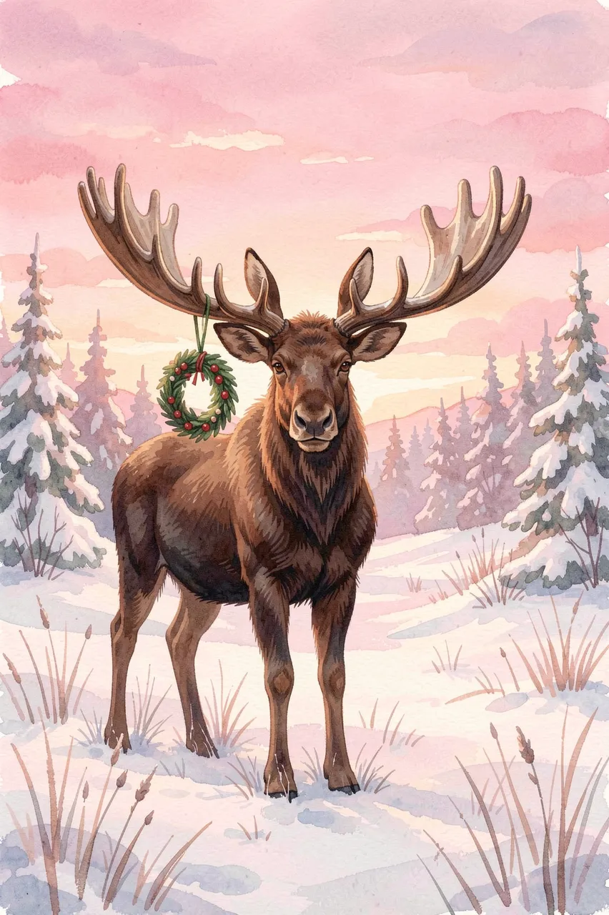 A moose with a small holiday wreath hanging from its antlers stands in a snowy meadow under a pink dawn sky