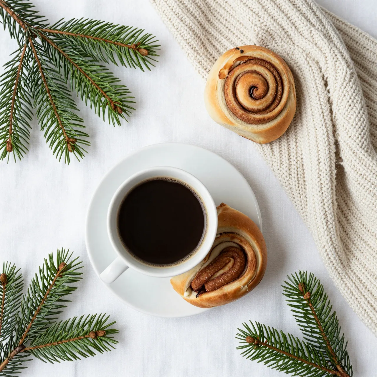 Top-down view of black coffee, cinnamon rolls, knit sweater and pine sprigs on white linen.