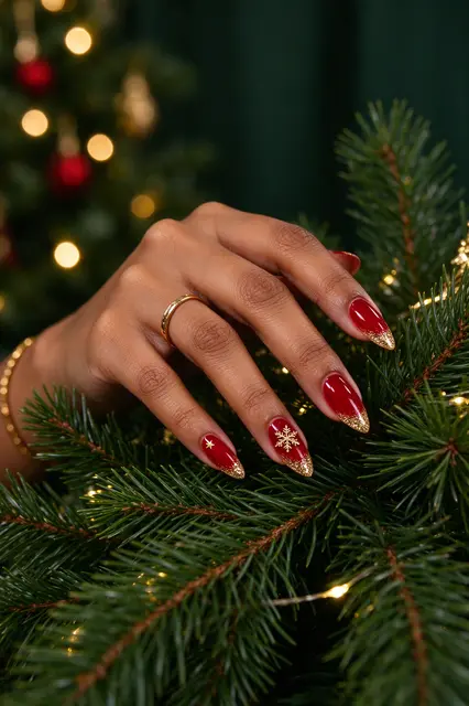 A South Asian woman's hand with red Christmas manicure rests on pine garland with warm fairy light bokeh.