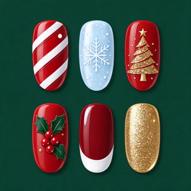 Six almond-shaped Christmas nail art tips arranged in two rows on a dark green background