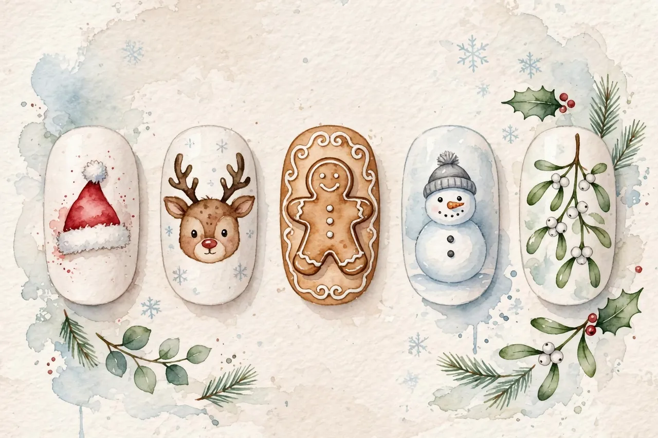 Watercolor illustration of five oval nail tips decorated with festive Christmas designs including Santa hat, reindeer