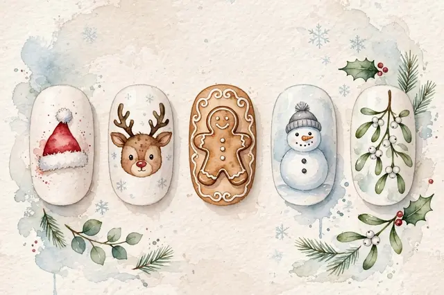 Watercolor illustration of five oval nail tips decorated with festive Christmas designs including Santa hat, reindeer