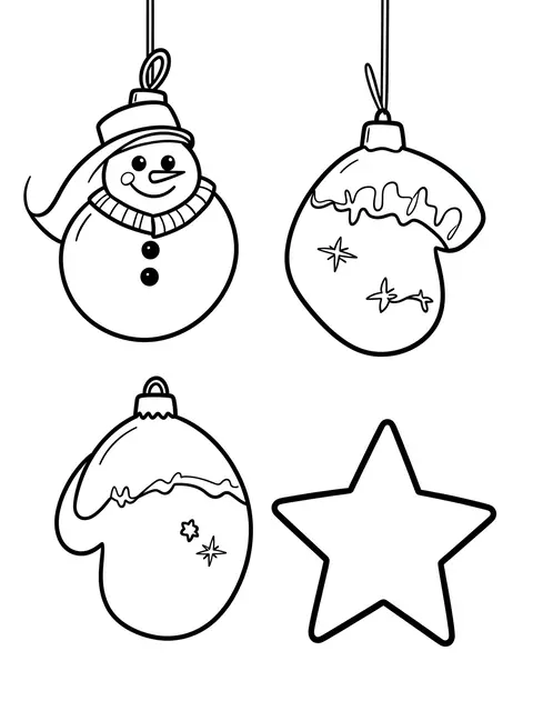 Black and white bold line art of hanging snowman, mitten and star Christmas ornaments on a plain white background