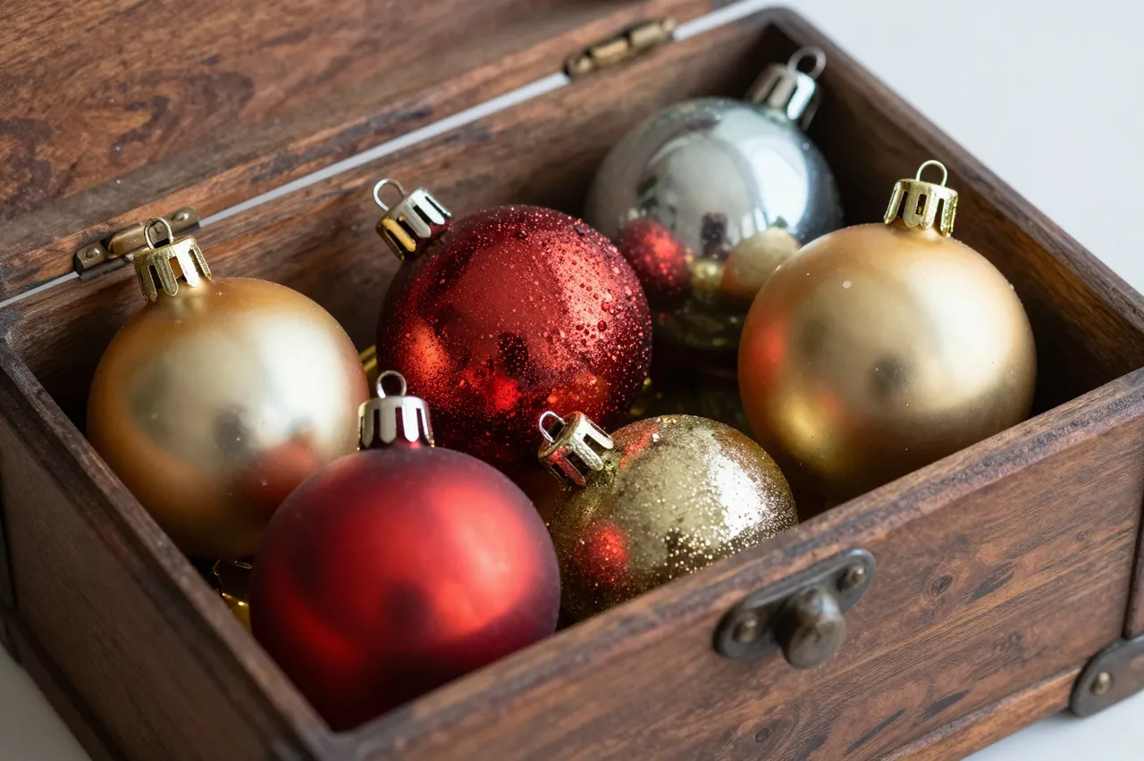 Vintage wooden box filled with red, gold, and silver Christmas baubles resting on a light tabletop