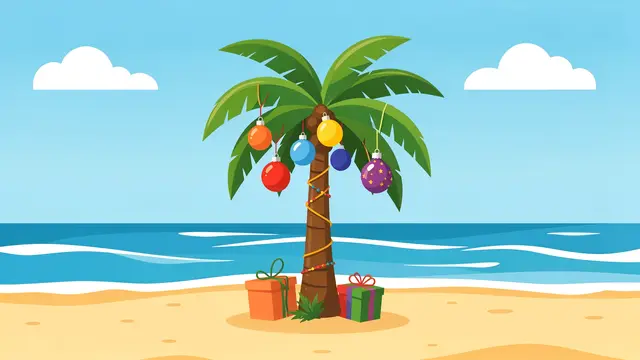 A decorated palm tree with holiday baubles and gift boxes stands on a sunny sandy beach beside the ocean.