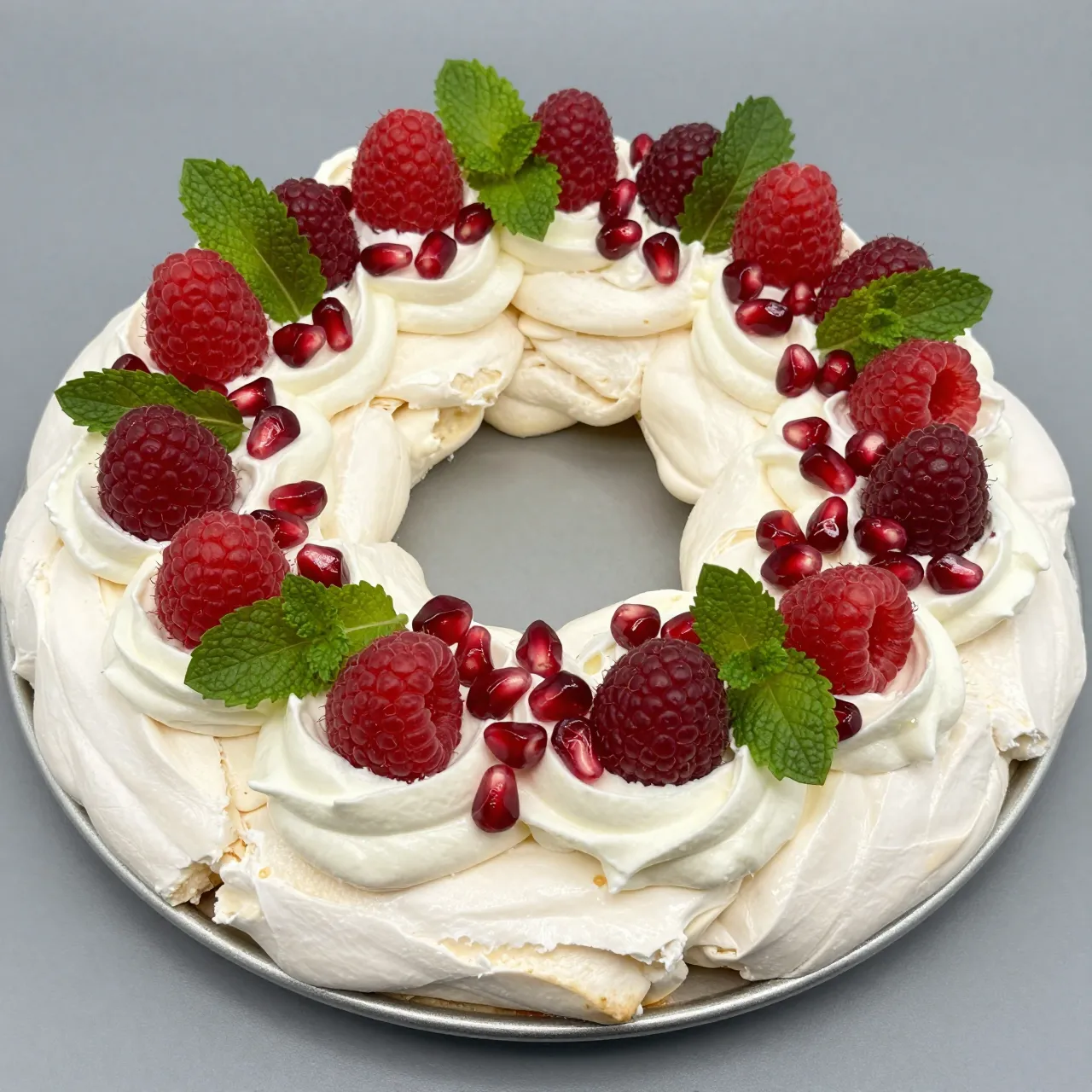 Ring-shaped pavlova wreath topped with cream, raspberries, pomegranate seeds and mint on a metal tray