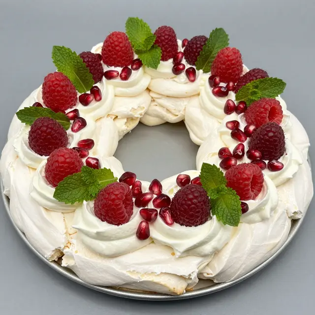 Ring-shaped pavlova wreath topped with cream, raspberries, pomegranate seeds and mint on a metal tray