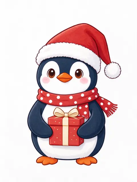 Cute cartoon penguin in a Santa hat and polka dot scarf holding a wrapped Christmas gift