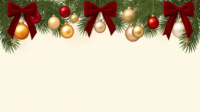 Swagged pine garland with velvet bows and baubles sits above empty cream copy space