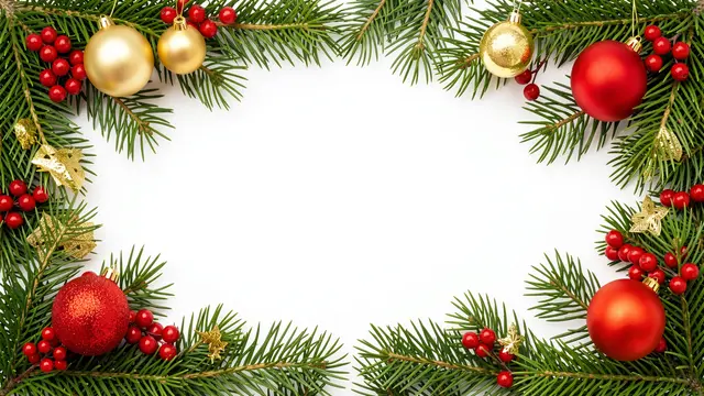 A square border of pine branches, red berries, and gold and red baubles frames a blank white center.
