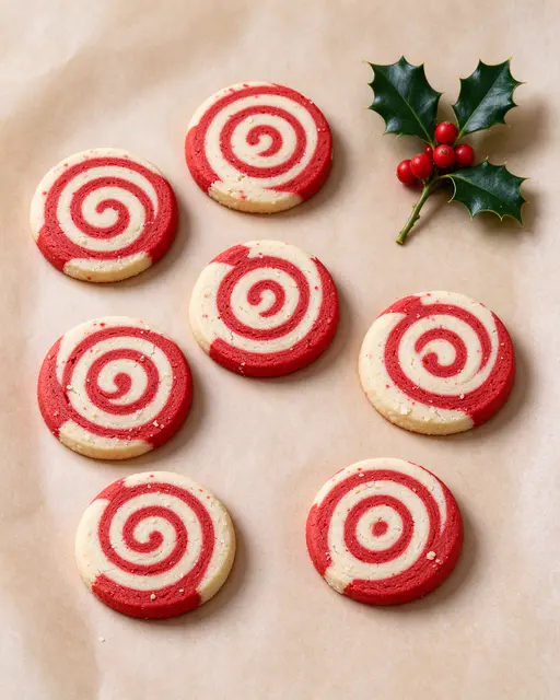 Overhead view of red and white spiral pinwheel cookies with a holly sprig on light brown parchment paper