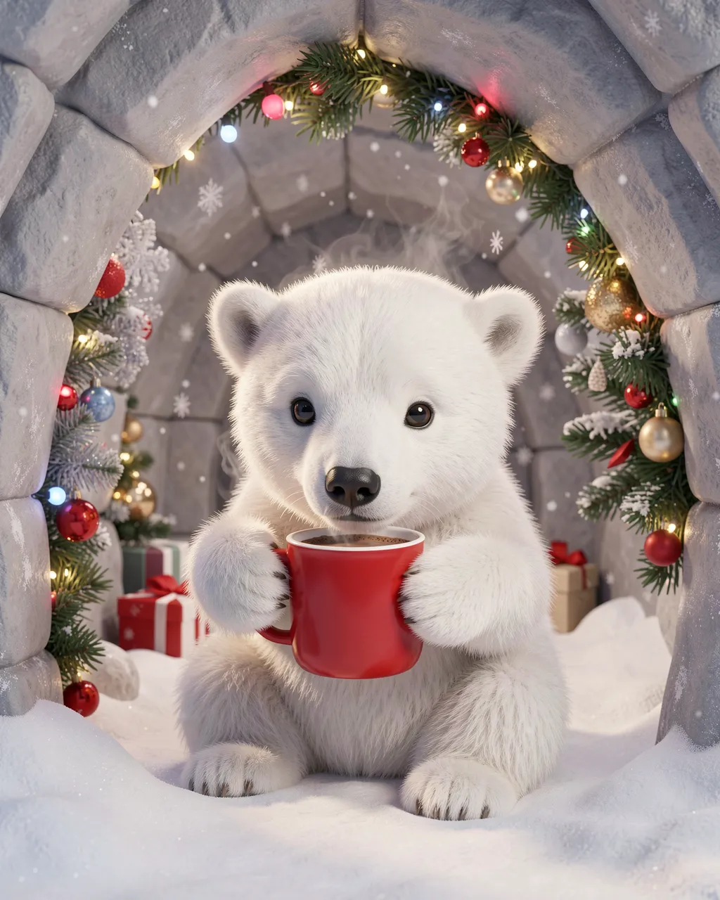 Cute fluffy polar bear cub holds a red mug of hot cocoa inside a decorated snowy igloo for Christmas