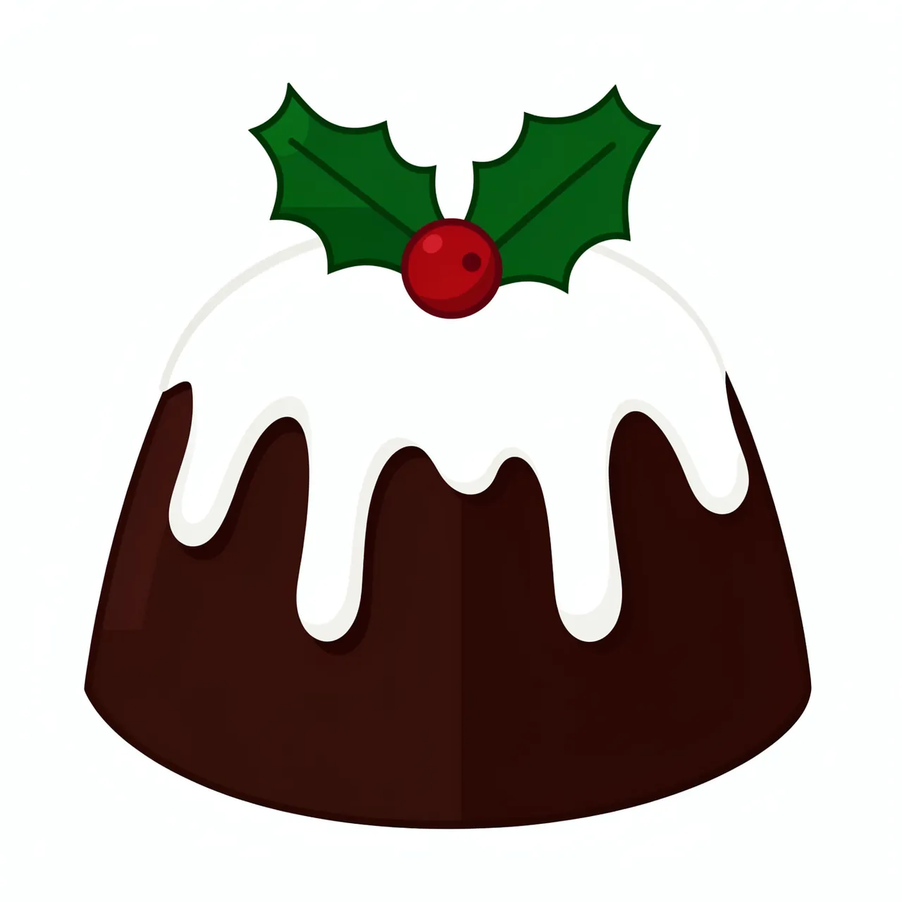 Flat illustration of a round dark Christmas pudding with dripping white icing and holly sprig, isolated on a white background