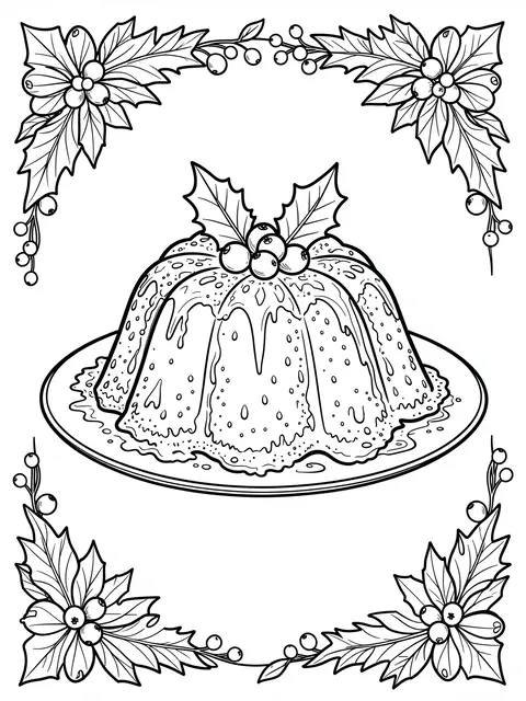 Black and white line art of a holly-framed Christmas pudding on a platter, designed for coloring