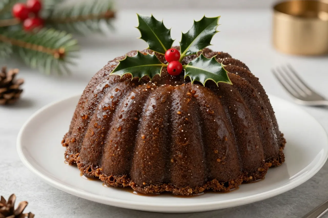A glossy brown Christmas pudding topped with holly sprig sits on a white plate with festive background decor.