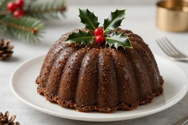 A glossy brown Christmas pudding topped with holly sprig sits on a white plate with festive background decor.