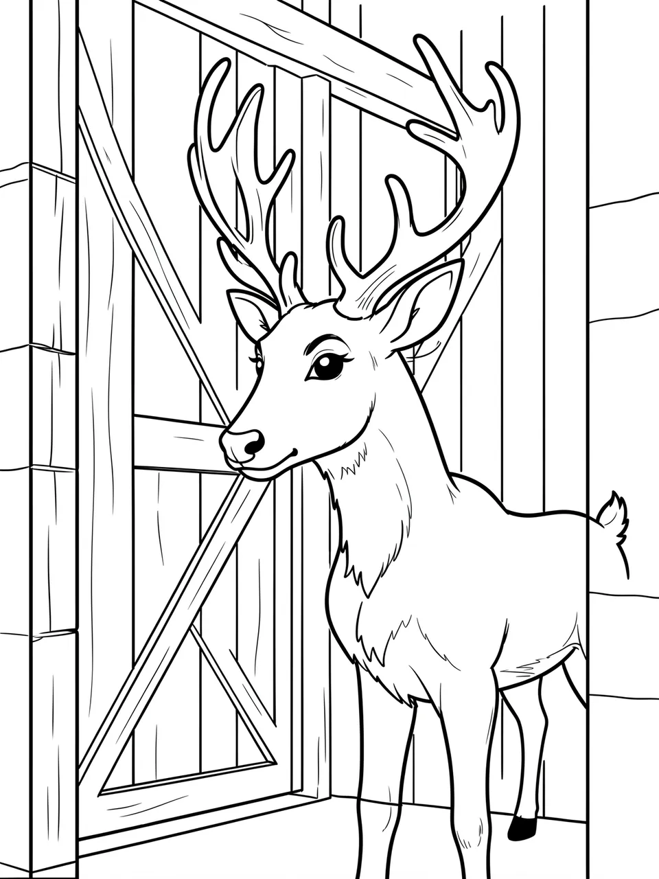 Black and white line art of a reindeer peeking over a wooden stable door on a plain white background