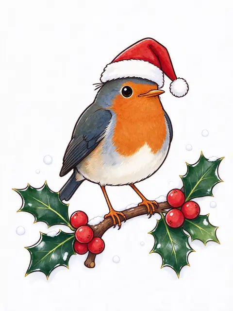 Cute cartoon robin wearing a Santa hat perched on a snowy holly branch against a white background